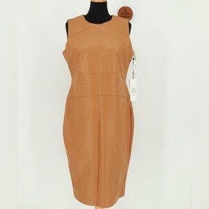 CALVIN KLEIN Faux Leather Sleeveless Pencil Dress - Tan‎